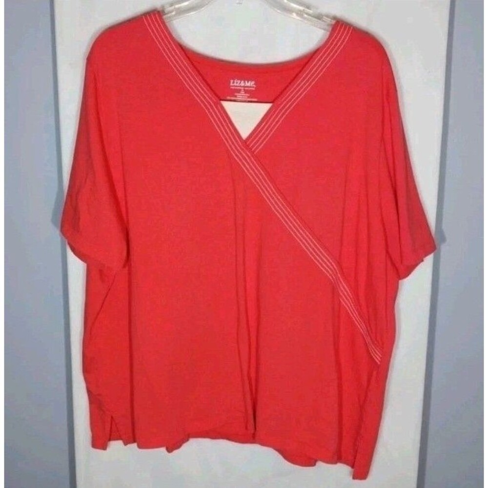 Liz & Me Plus Size 3X Coral Faux Wrap Surplice Cotton Top Relaxed Fit